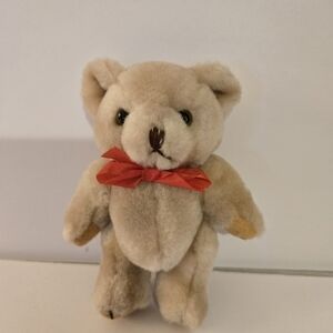 Beige Bear Plush 5" Jointed Stuffed Animal Red Ribbon Around Neck